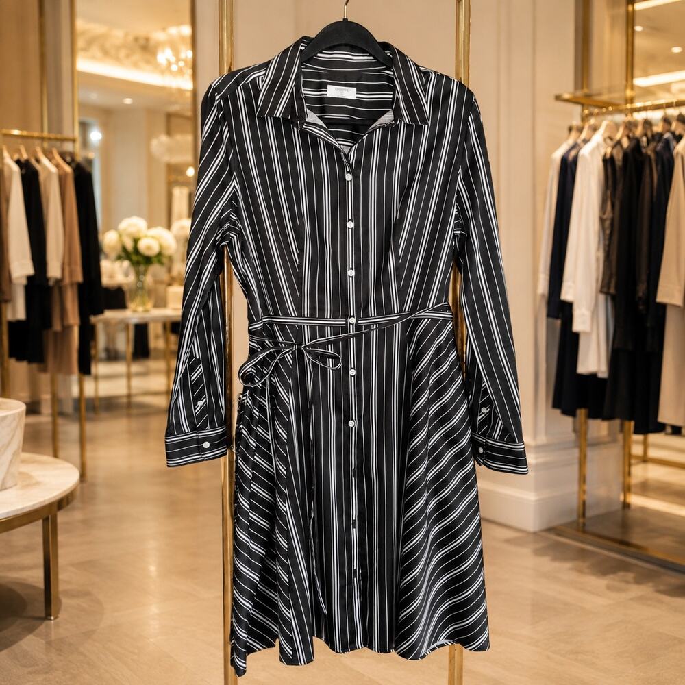 UNTUCKit For Her Dress 12 Black White Striped Belted Fit Flare Shirt Pockets